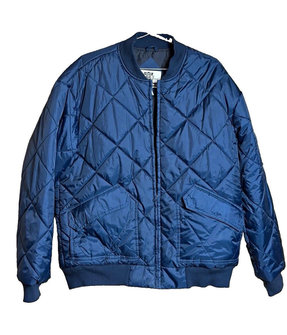 Men’s Blue Quilted Bomber Jacket Full Zip Nylon Lined Pockets M Oversized